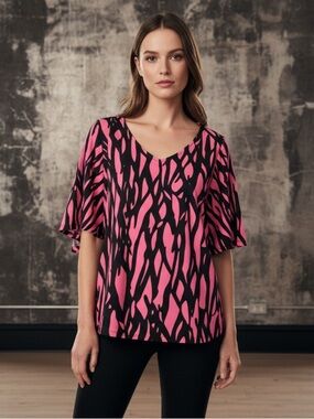 Vibrant Pink and Black Patterned Blouse
